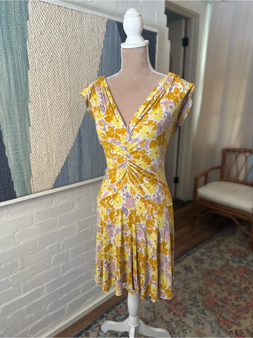 Free People Yellow and Purple Floral Ribbed Drop Waist Dress